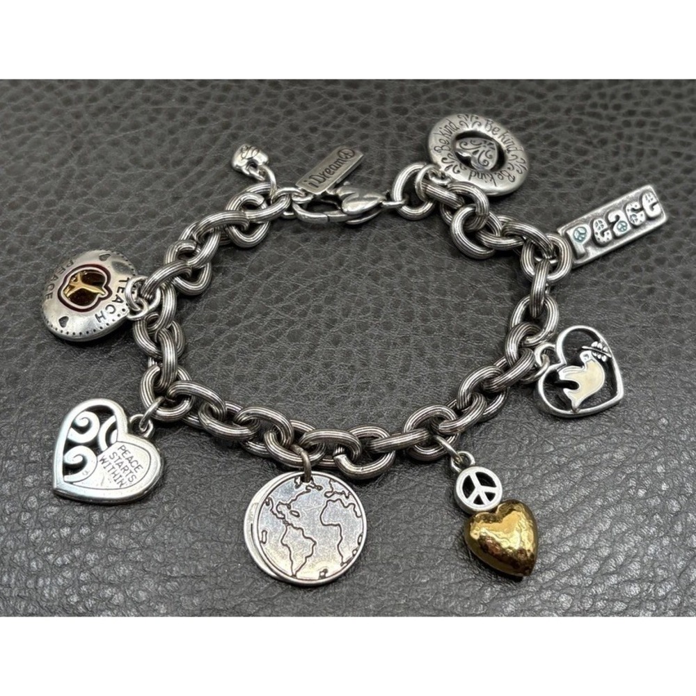 Brighton World Peace Charm Bracelet Be Kind Dove Heart Silver Tone Gold Tone